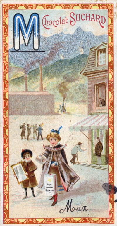 Litera M: góra, lustro, maszyna, manufaktura, płaszcz, żebrak, młyn. Rycina alfabetu pod redakcją Chocolata Sucharda, początek XX wieku. 24 chromatografie przedstawiające miejsca, postacie i przedmioty do odkrycia na obrazie. Ciemny: autorstwa Unbekannt