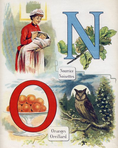 Litera N i O: pielęgniarka, orzech laskowy, pomarańcze i kłos. Grawerowanie w „ABC L