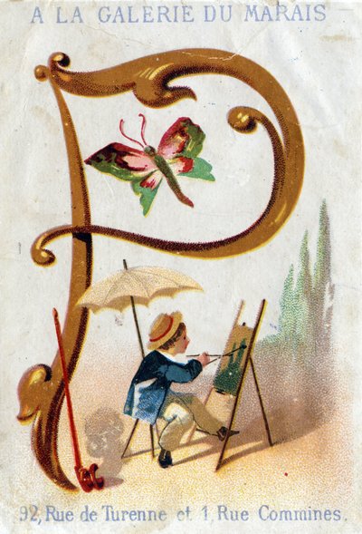 Litera P: malarz, motyl, parasol, fajka. Alfabet Art Nouveau: Seria 25 chromatografów reklamowych. Litografia Alfreda Clareya, koniec XIX wieku. Wymiary 115x75mm autorstwa Unbekannter Künstler