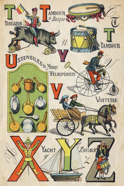 Litera T , U , V , X, Y i Z . Grawerowanie w "ABC Toys". Obrazowanie epinal w chromolitografii, około 1890 r. Mała broszura o objętości 8 stron. Wymiary: 195x135mm, przeznaczone do umieszczenia reklamy w 4 okładce. Używany w domu, oferuje znakomite abeceda autorstwa Unbekannt