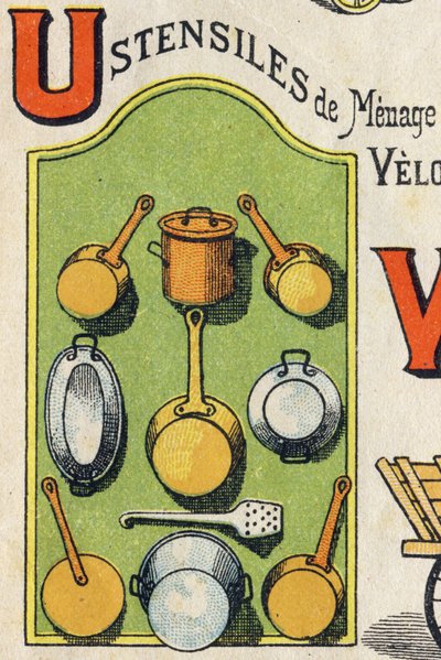 Litera U . Kokos, piec, wiewiórka, rondel... Grawerowanie w "ABC Toys". Obrazowanie epinal w chromolitografii, około 1890 r. Mała broszura o objętości 8 stron. Wymiary: 195x135mm, przeznaczone do umieszczenia reklamy w 4 okładce. Używany w domu, oferuje zn autorstwa Unbekannt