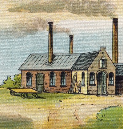 Litera U: Fabryka. Grawerowanie w "Alfabet de ma petite fille". Bernardin-Bechet i Fils, księgarz-wydawnictwo, Paryż, ok. 1895. Niezniszczalny album na płótnie. Bibliotheque des Bebes. 12 stron. Album zawierający sposób czytania i ilustracyjny abeced autorstwa Unbekannt