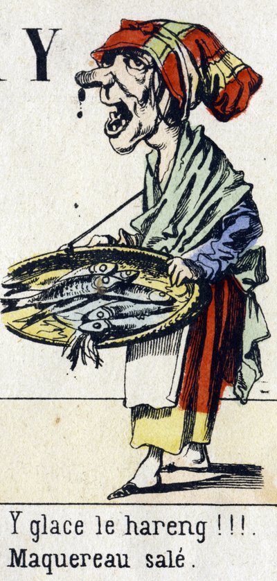 Litera Y: "lód śledzia!!! Brudna makrela". Alfabet „Zabawa dzieci”. Obraz Epinal, około 1890. Popularny serial. Mała broszura 8 stron. Matrycowane drzeworyty na temat małych ulicznych metier i krzyków Paryża autorstwa Unbekannt