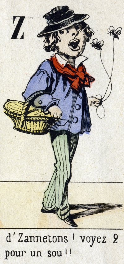 Litera Z: "przez Zannetons! Zobacz 2 za grosz!" "Alfabet "Zabawa dla dzieci". Obraz Epinal, około 1890. Popularny serial. Mała broszura 8 stron. Matrycowane drzeworyty na temat małych ulicznych metier i krzyków Paryża autorstwa Unbekannt