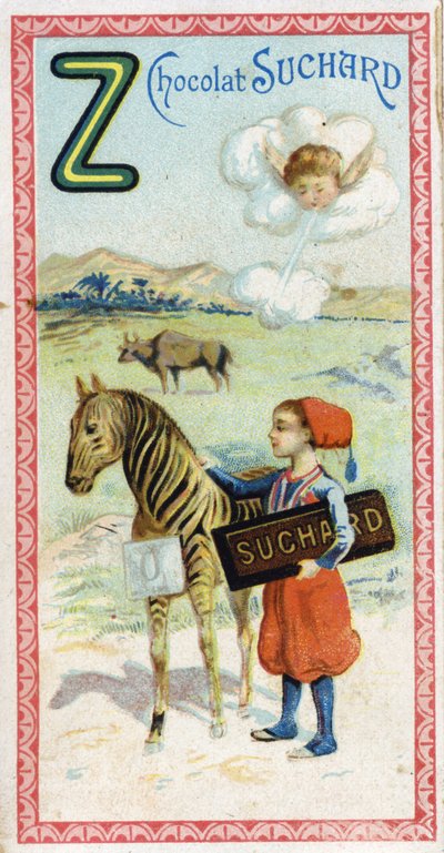 Litera Z: zefir, zouave, zebu, zebra, zero. Rycina alfabetu pod redakcją Chocolata Sucharda, początek XX wieku. 24 chromatografie przedstawiające miejsca, postacie i przedmioty do odkrycia na obrazie. Wymiary: 105x55mm autorstwa Unbekannt
