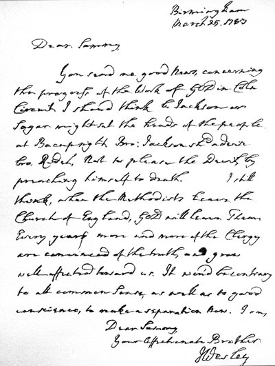 List Johna Wesleya do Samuela Bradburna, wyrażający jego zdecydowaną opinię, że metodyści nie powinni opuszczać Kościoła anglikańskiego. napisany w Birmingham, 25 marca autorstwa Unbekannt