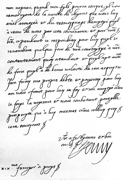 List od króla Francji Henryka IV do Henryka, księcia Walii, z podziękowaniem za podarunek sfory ogarów dla syna, delfina, który jest zbyt młody, by pisać osobiście, napisany w Paryżu autorstwa Unbekannt