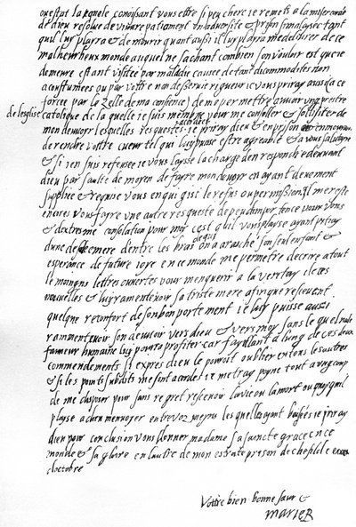 List Marii Królowej Szkotów przebywającej w więzieniu w Sheffield do angielskiej królowej Elżbiety I, modlącej się o pozwolenie na naradę z jednym z jej francuskich sług, o pocieszenie w postaci pozwolenia na księdza katolickiego oraz o możliwość prowadzen autorstwa Unbekannt