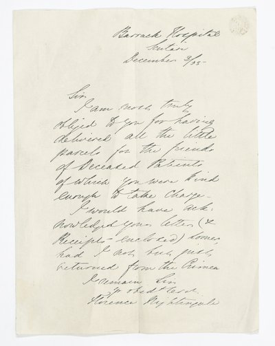 List napisany przez Florence Nightingale, podczas pobytu w szpitalu Barrack, Scutari (atrament na papierze) autorstwa Unbekannt