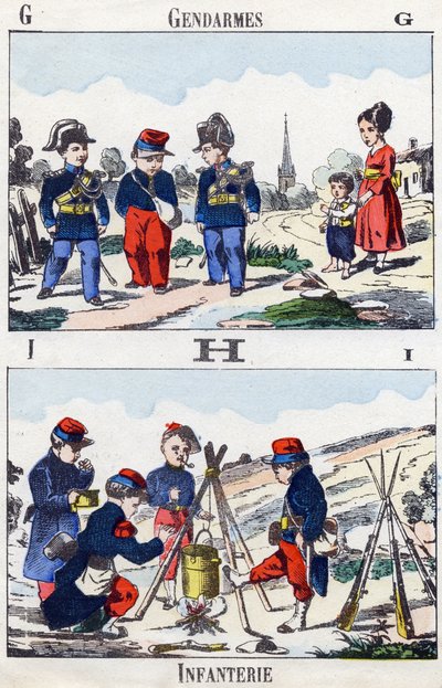Litery G H I: Żandarmi i piechota. Grawerowanie w „Alphabet militaire enfantin””. Zdjęcie Pont-a-Mousson, około 1890. 20 stron. Wymiary: 28,5x21cm autorstwa Unbekannt