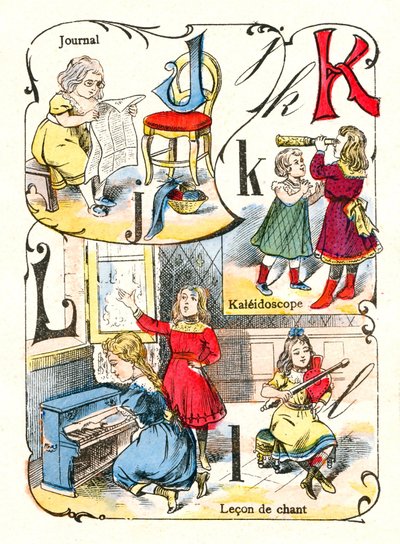 Litery J K i L jako dziennik, kalejdoskop i lektor śpiewający. Grawerowanie w „Fun Alphabet”. Obrazowanie Pont-a-Mousson. Druk i wydawnictwo Louis Vagne, koniec XIX wieku autorstwa Unbekannt