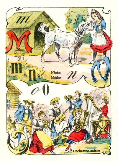Litery M N i O jako Medor, Niche i Swiss Orchestra. Grawerowanie w „Fun Alphabet”. Obrazowanie Pont-a-Mousson. Druk i wydawnictwo Louis Vagne, koniec XIX wieku autorstwa Unbekannt