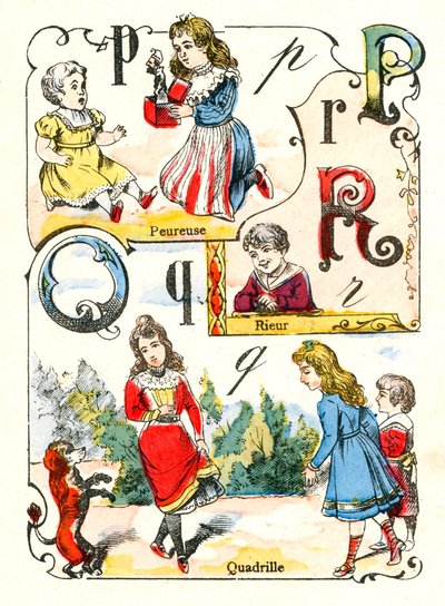 Litery P Q i R jako strach, śmiech i kadryl. Grawerowanie w „Fun Alphabet”. Obrazowanie Pont-a-Mousson. Druk i wydawnictwo Louis Vagne, koniec XIX wieku autorstwa Unbekannt