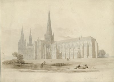 Katedra w Lichfield — widok na południowy wschód: rysowanie i pranie, nd [?XIX wiek] autorstwa Unbekannt