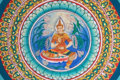 Życie Buddy. Grafika na suficie przedstawiająca życie Buddy. Wat Inpeng. Wientian. Laos, 20151029, Wientian, Laos autorstwa Unbekannt