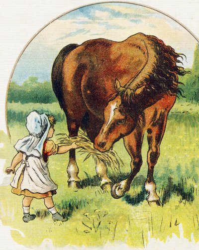 Mała dziewczynka daje siano koniowi. Grawerowanie w „ABC L