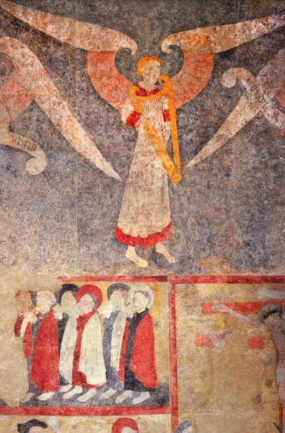 Loire Atlantique N* 080 - St-Sulpice des Landes - Eglise dit du „old bourg” - malowidła ścienne z XV wieku - Anioł sklepienia grający „rebec” autorstwa Unbekannt