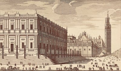 Lonja de Comercio ("Budynek handlowy") i częściowy widok na katedrę w Sewilli. Rycina. HISZPANIA. MADRYT (WSPÓLNOTA AUTONOMICZNA). Madryt. Biblioteka Narodowa autorstwa Unbekannter Künstler