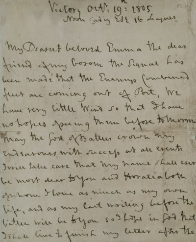 Ostatni list Lorda Nelsona (1758-1805) do Emmy Hamilton, napisany z „Zwycięstwa” przed bitwą pod Trafalgarem autorstwa Unbekannt