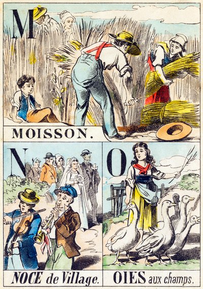 M N O : Moisson, Noce de village, Oies aux champs - „Alfabet farmy” koniec XIX wieku (rycina) autorstwa Unbekannt