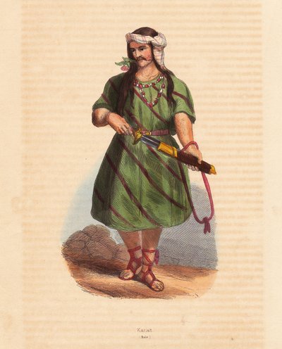 Człowiek z plemienia Karen (Karene lub Karyang) (Birma, Myanmar) - Człowiek z plemienia Karen (Karian) z południowej Birmy - Ręcznie kolorowany drzeworyt z "Mores, Uses et Costumes de tous les Peoples du Monde, Asia" Auguste