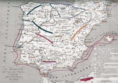 Mapa Hiszpanii w czasach germańskiej Hispanii, 409-585 (Mapa Hiszpanii w czasach germańskiej Hispanii) Rycina z "Atlas Universel" Houze