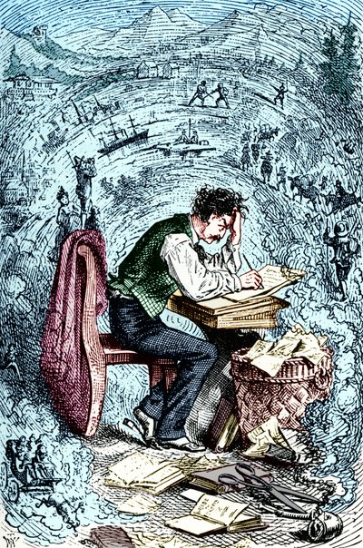 Mark Twain pisze „The Innocents Abroad”, po raz pierwszy opublikowane 1869. Amerykański autor: 30 listopada 1835 21 kwietnia 1910. autorstwa Unbekannt