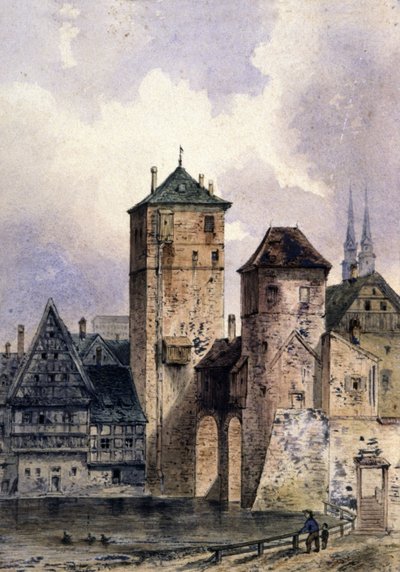 Średniowieczne miasto nad Renem, ok. 1850-1900 (akwarela) autorstwa Unbekannter Künstler