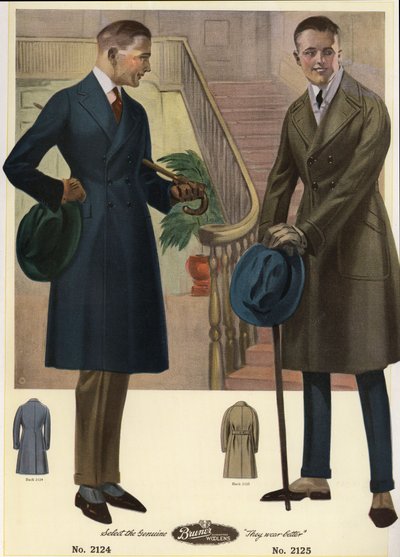 Moda męska 1920 - Mężczyźni w dwurzędowych płaszczach niosący laski i kapelusze, w spatynowanych płaszczach. Chromolitografia z katalogu mody męskiej Bruner Woolens autorstwa Unbekannter Künstler