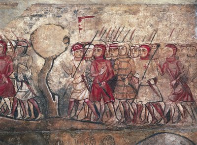 Zgromadzenie wojskowe pod przewodnictwem króla Jakuba I Aragońskiego, znanego jako Zdobywca, fresk w Palau Reial Major, Barcelona autorstwa Unbekannter Künstler