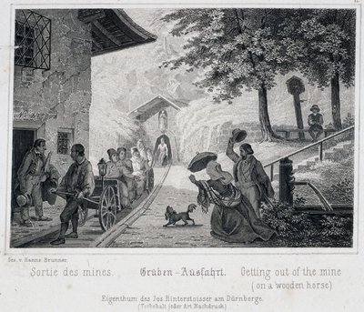 Kopalnia soli: wyjazd turystów z kopalni drewnianym pojazdem ciągniętym na szynach, w Durrnburgu, Austria, ok. 1850 r. autorstwa Unbekannt