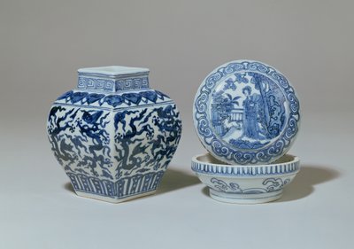 Niebiesko-biały kwadratowy słoik z tralkami Ming i okrągłe pudełko, okres Chia Ching (1522-66) autorstwa Unbekannt