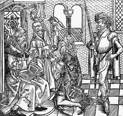 Mahomet na dworze, drzeworyt niemiecki, z Kroniki Norymberskiej (Liber Chronicarum) Hartmanna Schedla autorstwa William M. Timlin