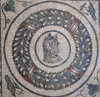 Mozaika perystylu. Szczegół przedstawiający głowę konia. III - IV wiek. Rzymska willa Casale, Sycylia. UNESCO. autorstwa William M. Timlin