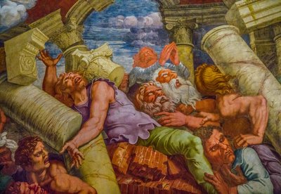 Najsłynniejszy fresk manieryzmu: iluzja Giulio Romano wymyśla kopułę i rozpuszcza architekturę pokoju w upadku gigantów, Hall of the Giants autorstwa Unbekannter Künstler