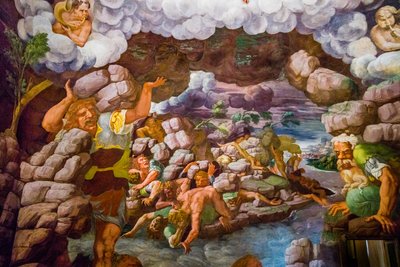 Najsłynniejszy fresk manieryzmu: iluzja Giulio Romano wymyśla kopułę i rozpuszcza architekturę pokoju w upadku gigantów, Hall of the Giants autorstwa Unbekannter Künstler