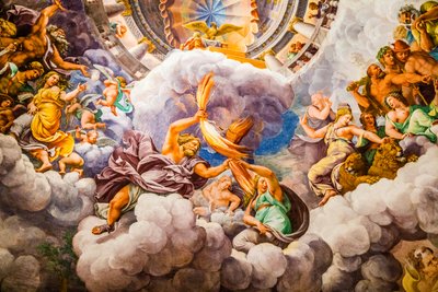 Najsłynniejszy fresk manieryzmu: iluzja Giulio Romano wymyśla kopułę i rozpuszcza architekturę pokoju w upadku gigantów, Hall of the Giants autorstwa Unbekannter Künstler