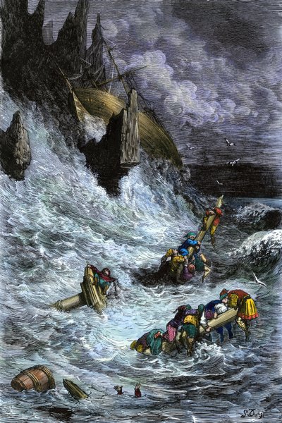 Mity i legendy: Sindbad (Sindbad) i jego towarzysze po 1001 nocy (tysiąc i jedna noc). Kolorowa rycina autorstwa Gustave