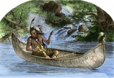 Rdzenna ludność Ameryki: Indianie. Hiawatha łowiący ryby w canoe. Kolorowa rycina z XIX wieku. autorstwa Unbekannter Künstler