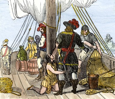 Rdzenna ludność Ameryki: Indianie. Pocahontas schwytana na pokładzie statku Jamestown. Kolorowa rycina z XIX wieku. autorstwa Unbekannter Künstler