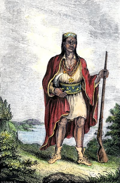 Rdzenna ludność Ameryki: Indianie Stanów Zjednoczonych. Metacomet (ok. 1639-1676), znany również jako Król Filip lub Metacom, wódz Wampanoagów (Massachusetts, Nowa Anglia). Kolorowa rycina. autorstwa Unbekannter Künstler