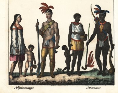 Rdzenni mieszkańcy Kanady: rodzina Indian z jeziora Nipissing i rodzina Indian z okolic Ottawy. Litografia do książki: "Galerie complete en tableaux fideles des peuples d