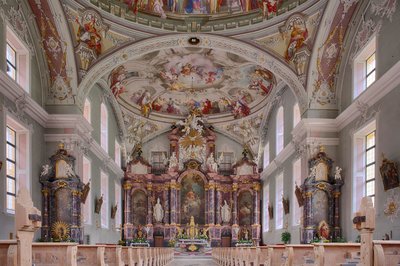 Nawa, ołtarz, malowanie sufitu, fotografia wnętrza, katolicki kościół parafialny św. Jerzego, Neustift, dolina Stubai, Tyrol, Austria, Europa (zdjęcie) autorstwa Unbekannter Künstler