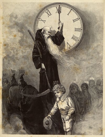 Noworoczna alegoria z 1889 roku przedstawiająca stare sklepienie, symbolizujące stary rok, ustępujące miejsca uśmiechniętemu chłopcu symbolizującemu Nowy Rok. Czas przygląda się scenie, obracając wskazówki zegara. XIX-wieczna rycina autorstwa Unbekannter Künstler