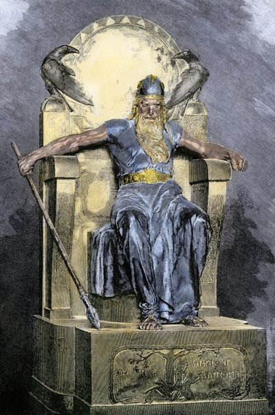 Mitologia nordycka: przedstawienie bóstwa Wotana (Odyna). Kolorowa rycina z XIX wieku. autorstwa Unbekannter Künstler