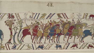 Żołnierze normańscy opuszczający Hastings na bitwę z Haroldem, Gobelin z Bayeux (haft wełniany na płótnie) autorstwa Unbekannt