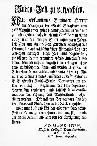 Powiadomienie Organu Administracyjnego Trzynastu w Strasburgu (Tredecim Viri) o publicznej licytacji prawa do pobierania „Juden Zoll” przez 3 lata autorstwa Unbekannt