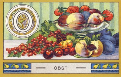 O: Owoc - Alfabet Palmin. Seria chromolitografii pod redakcją H. Schlinck & Cie, Hamburg, s.d. . Publikuj wlać Palmin najdelikatniejszy tłuszcz kokosowy. Wymiary: 7 x 11 cm autorstwa William M. Timlin