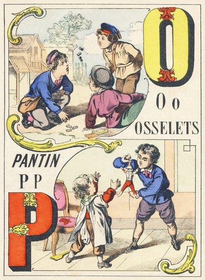 O P: kosteczki kostne, marionetka - alfabet gier, ok. 1890 (ilustracja) autorstwa Unbekannt