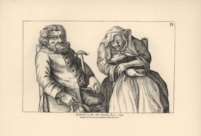 Stary Darby z pustym kuflem i Joan z fajką tytoniową. Miedzioryt według satyrycznej ilustracji Timothy